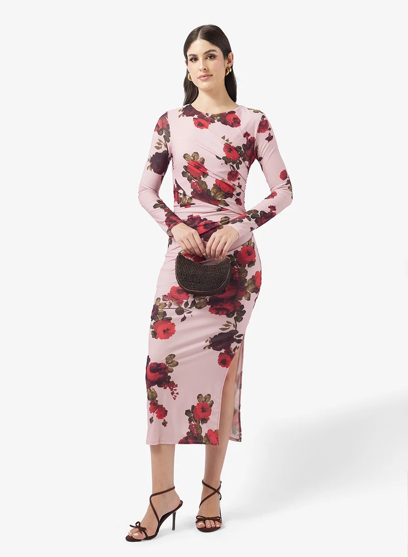 Little Mistress Ruched Detail Printed Midi Dress
